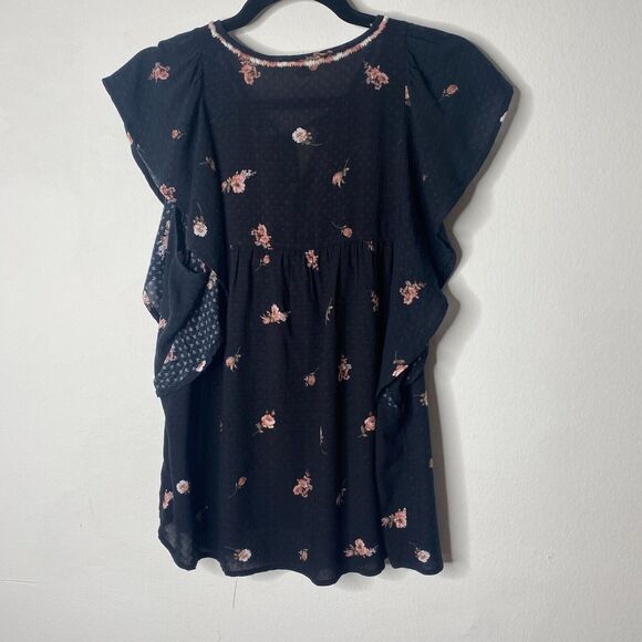 Lovestitch Black Pink White Floral Aztec Front Tie Side Ruffle Sleeveless Top SM - Picture 2 of 11